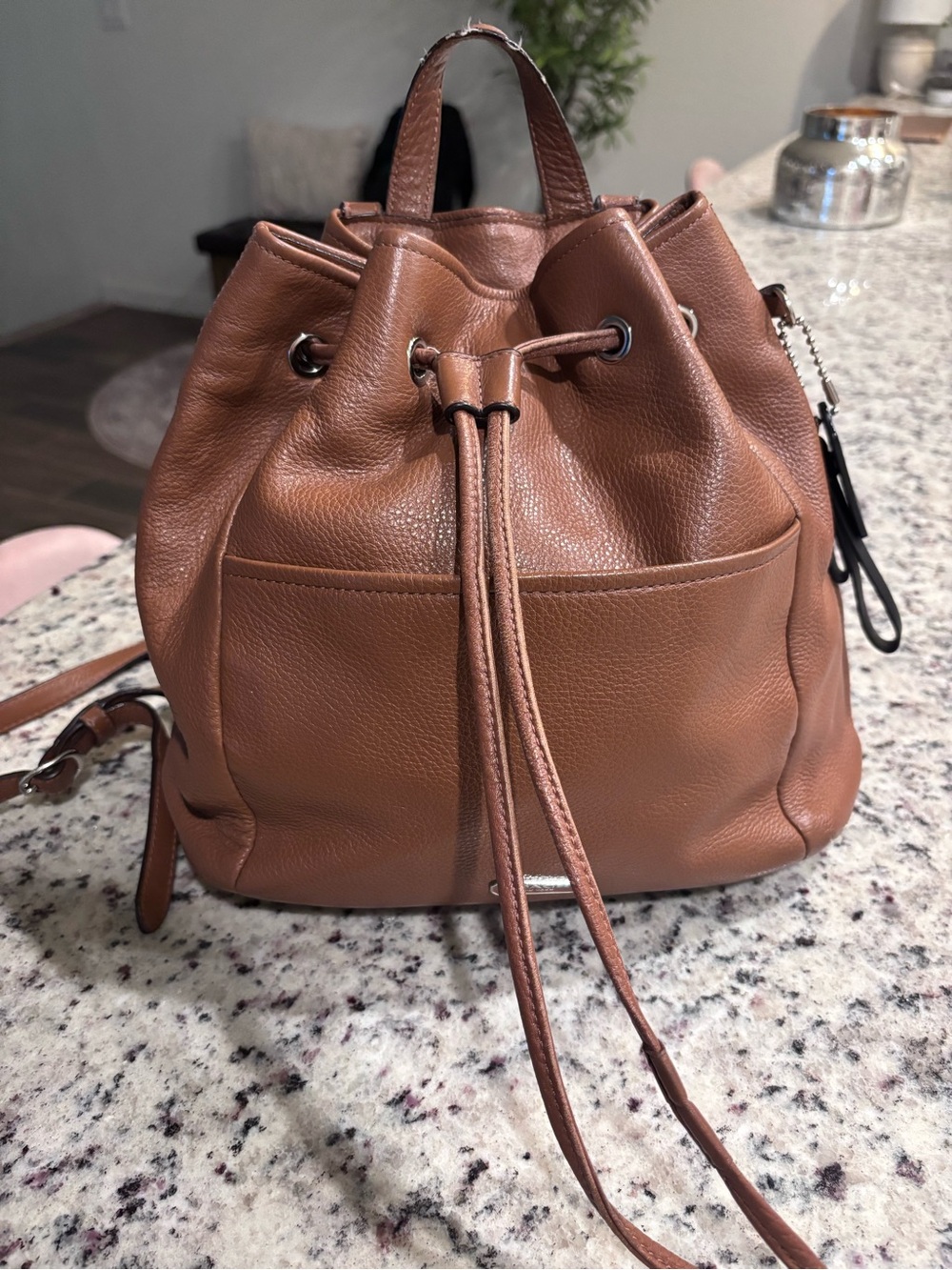 Coach Brown Pebbled Leather Drawstring Backpack
